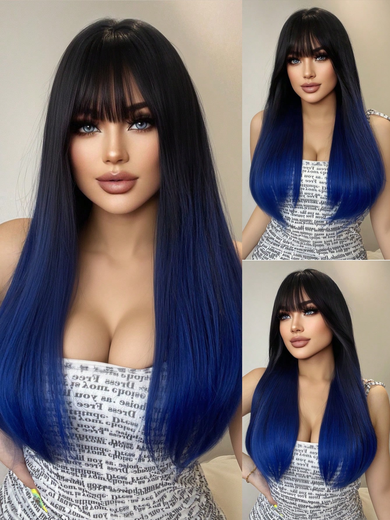 1-Piece Synthetic Heat Resistant Straight Hair With Bangs Princess Cut Wine Gradient Ramp 28 Inch Fully Machine Woven Daily Natural Realistic Wig