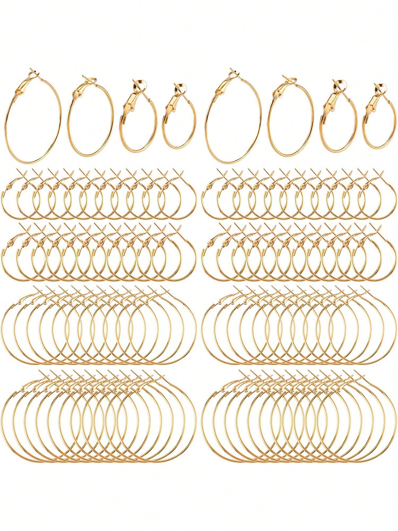32pcs Alloy Round Shape Earring Hoops For Jewelry Making, Diy Craft Art Accessories, Golden, Open Hoop, 20mm/30mm/40mm/50mm