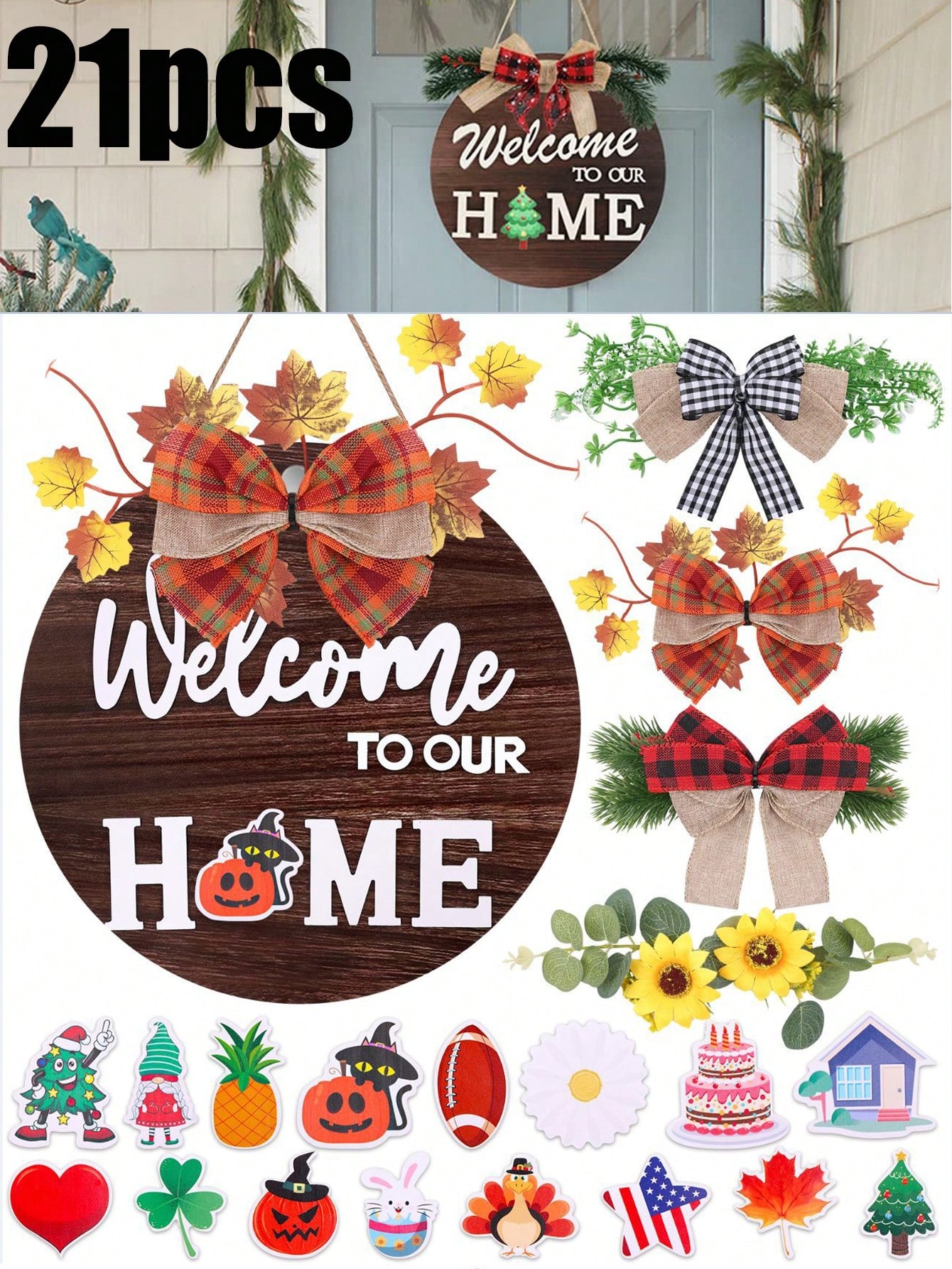 21Pcs Interchangeable Welcome Sign For Front Door With 4 Seasonal Wreaths And 14 Changeable Icons For Door Decor Rustic Round Wood Sign,Outdoor Seasonal Welcome Home Decorations Farmhouse Front Porch Decor