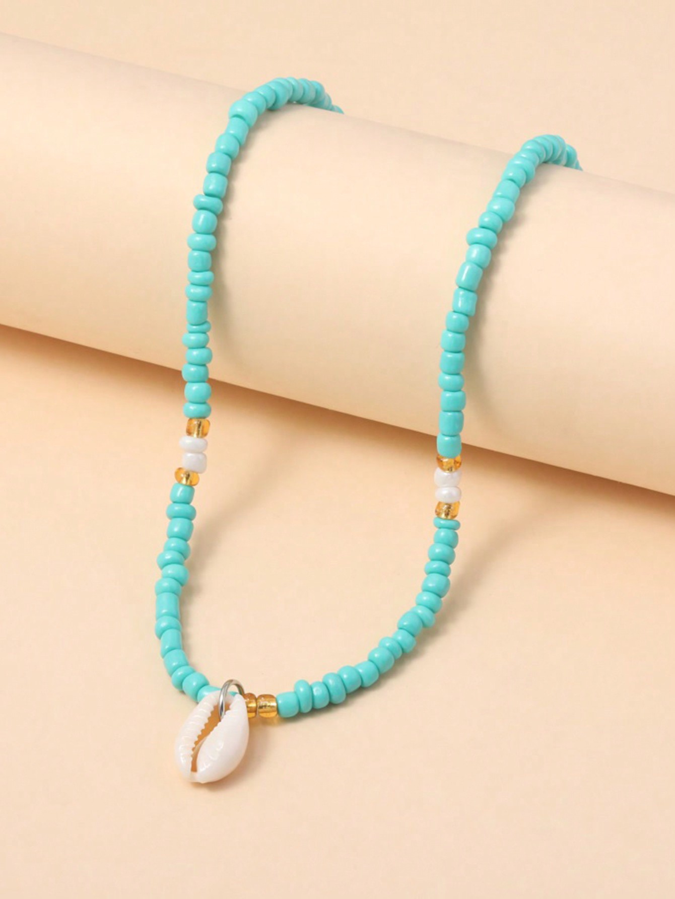 1pc Turquoise Bead & Seashell Necklace, Handmade Bohemian Style Jewelry For Women