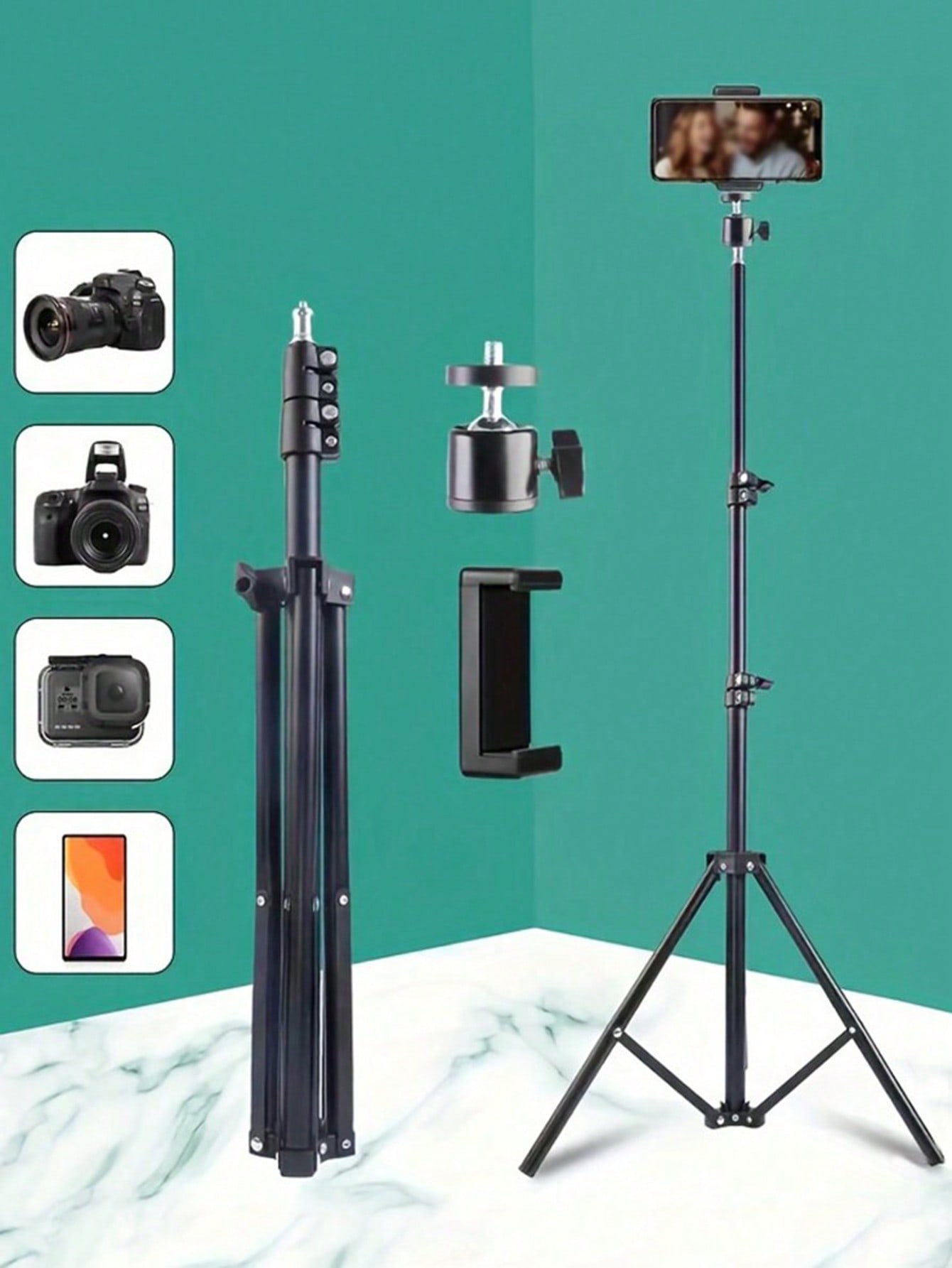 1.1m Extendable Metal Tripod With E-Type Phone Clip Holder, Portable Outdoor Photography Tripod For Live Streaming And Shooting