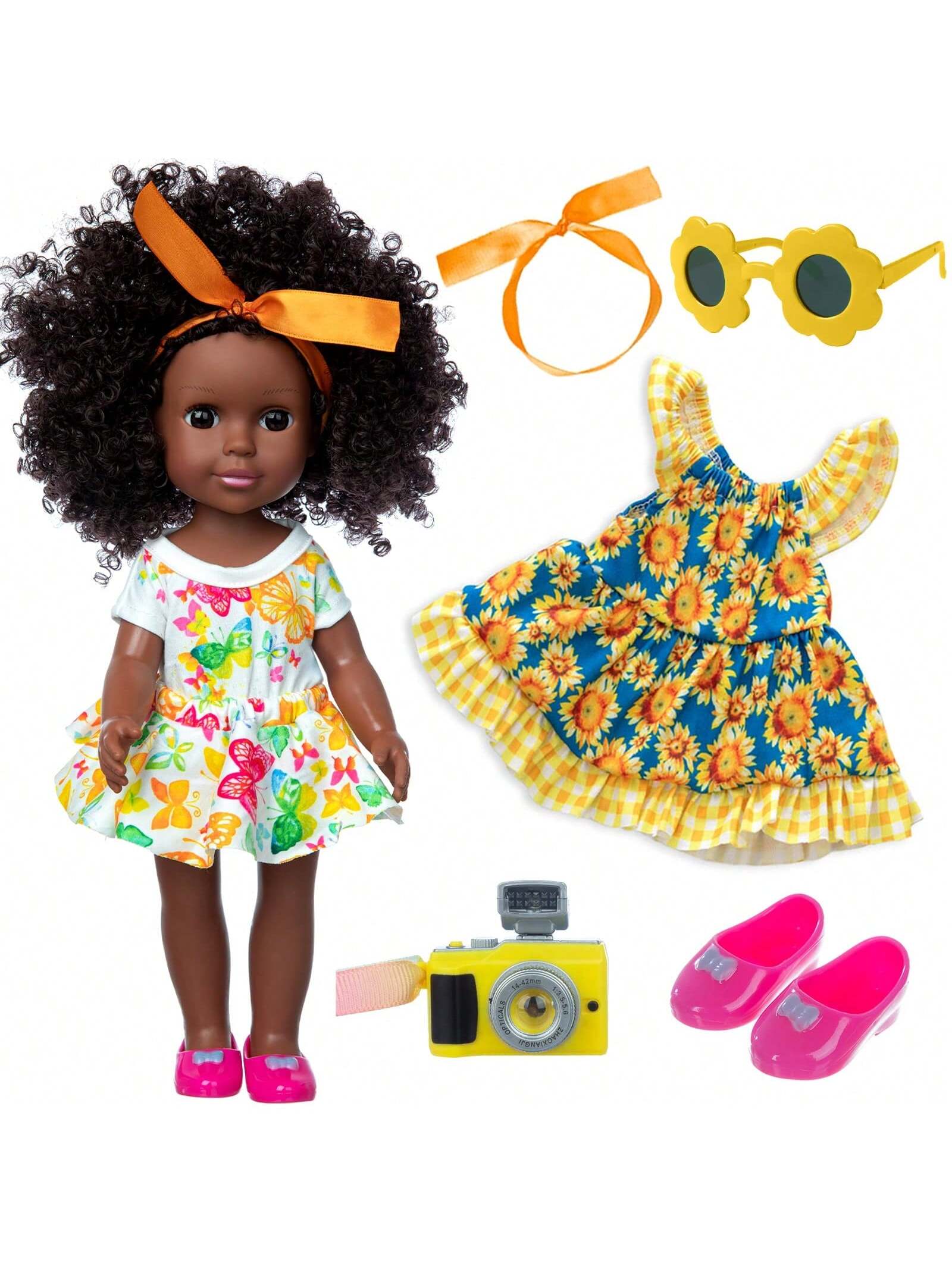 14.5 Inch Baby Girl Doll Clothes Accessories Set African American Washable Realistic Silicone Dolls With Cute Dresses Sunglass Camera And Shoes For Halloween Gifts