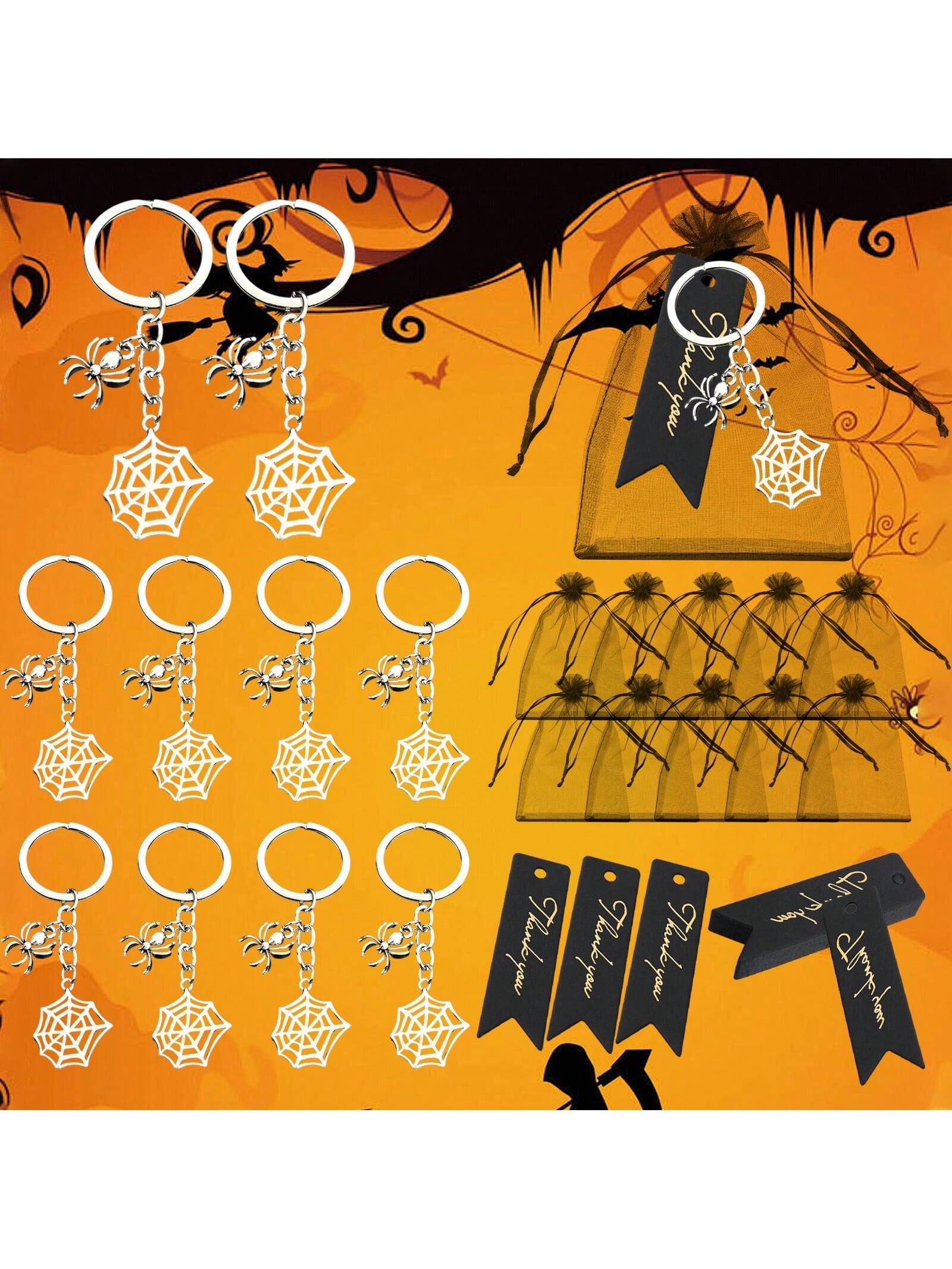 30pcs/Set Halloween Spider Keychain Set Include 10 Spider Keychains 10 Thank You Cards 10 Organza Gift Bags For Halloween Party Trick Or Treat Favors