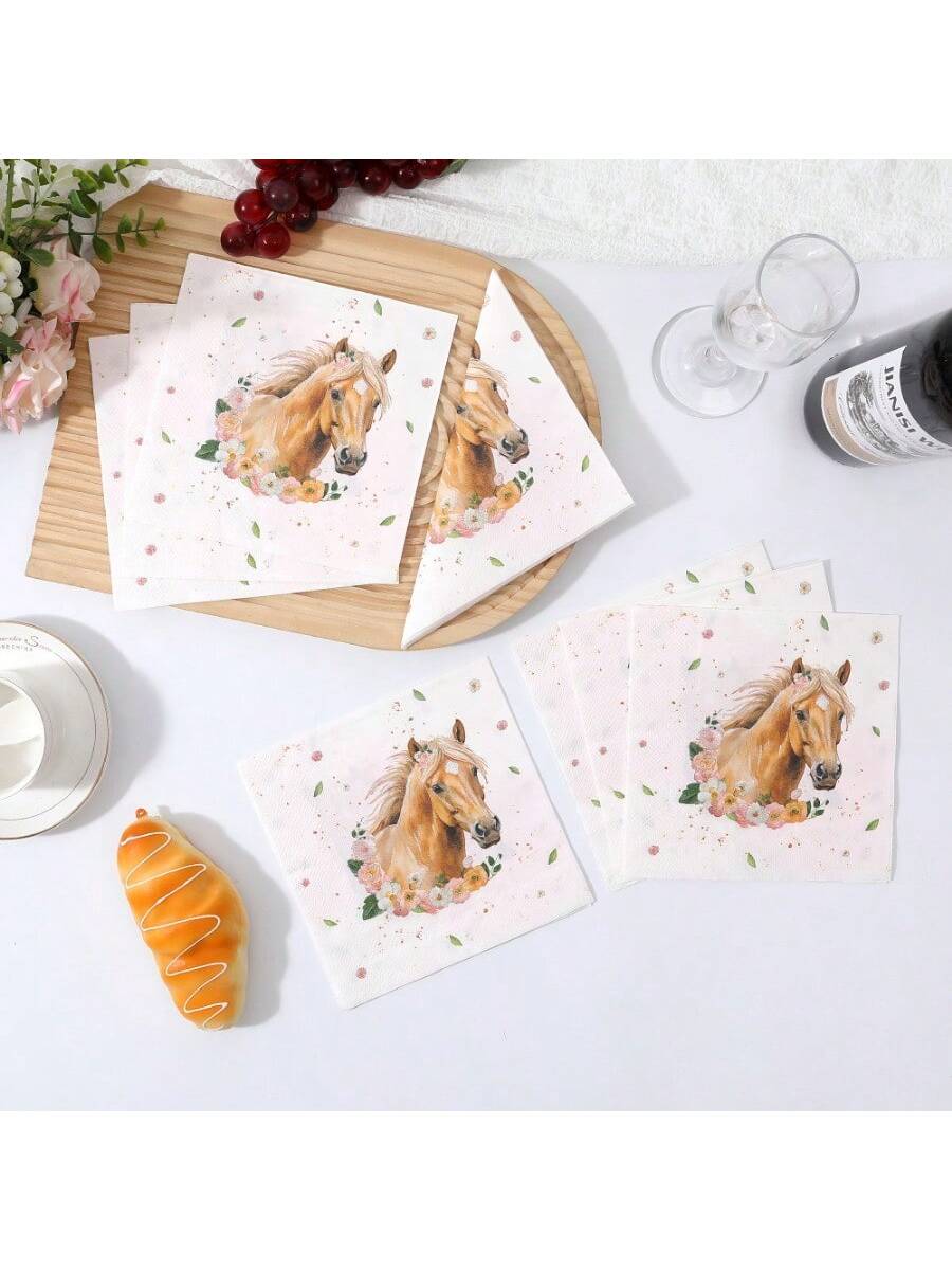 20pcs Creative Horse & Flower Printed Disposable Paper Napkins For Party, Festival Decorations