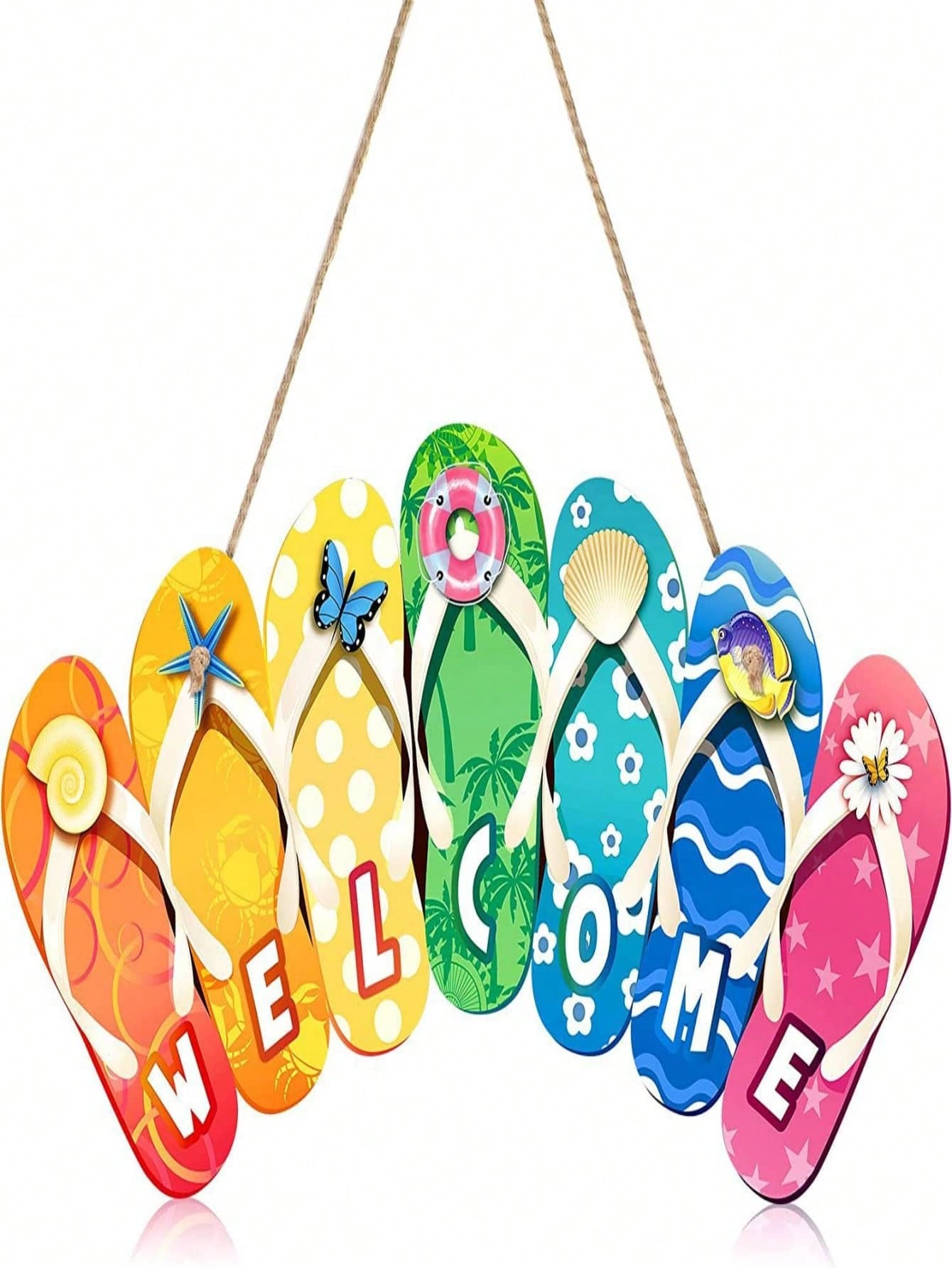 Summer Flip Flop Welcome Door Sign - Contemporary Style Hanging Wall Ornament - General Fit For Indoor & Outdoor Garden Decor - Manufactured Wood With Rope - No Electricity Or Feathers Required