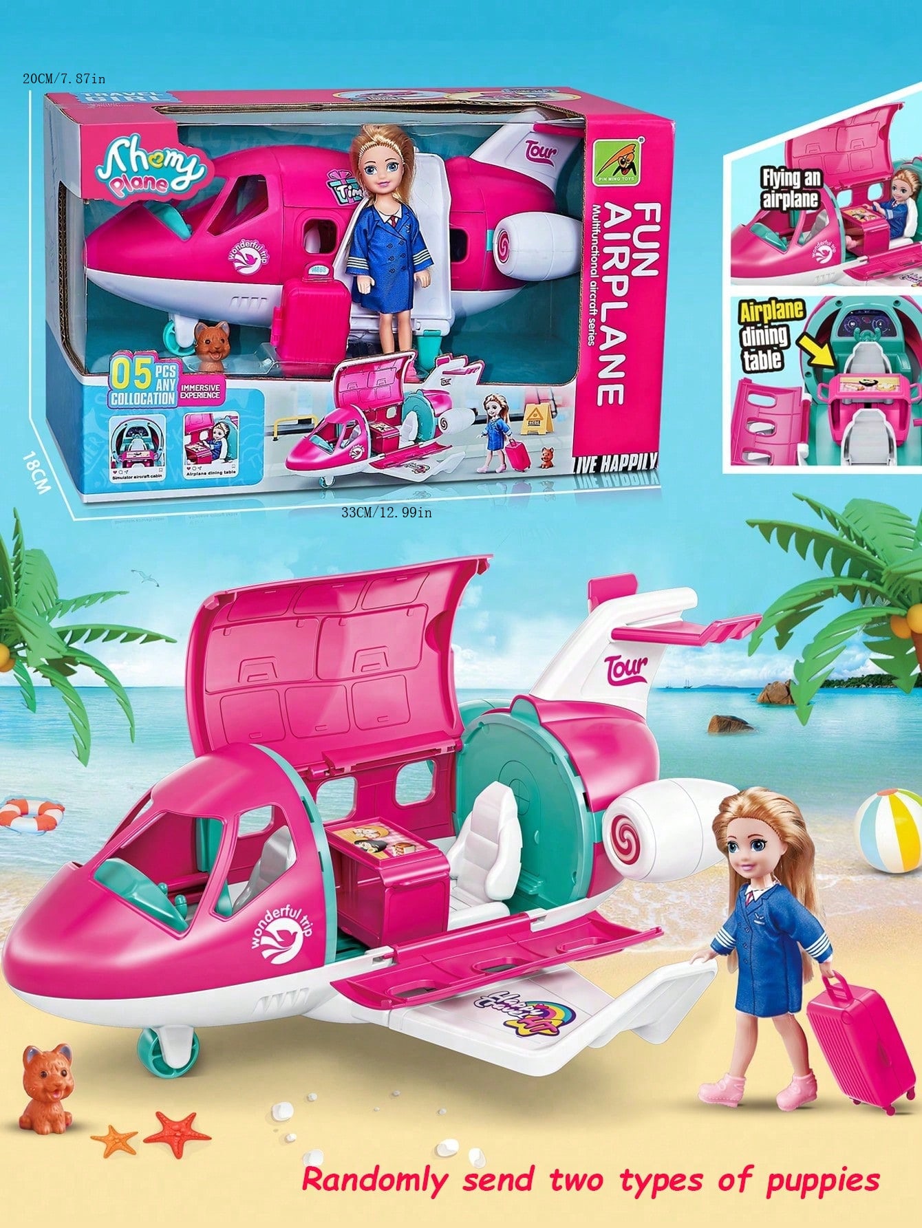 1 Set Fashion Doll Airplane Accessories Dream Vehicle Trip Pilot Princess Doll Pink Color Playset Including Traveling Suitcase And Puppy Pet For 3 Years Old Kids And Up Toys (Color Box)Perfect Gift For Kids Perfect