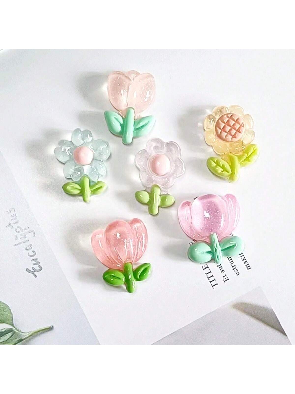 30pcs Mixed Transparent Tulip & Sunflower 5-Petal Flower Resin Accessories DIY Hair Clips, Phone Cases, Shoe Decorations (ABS Resin)