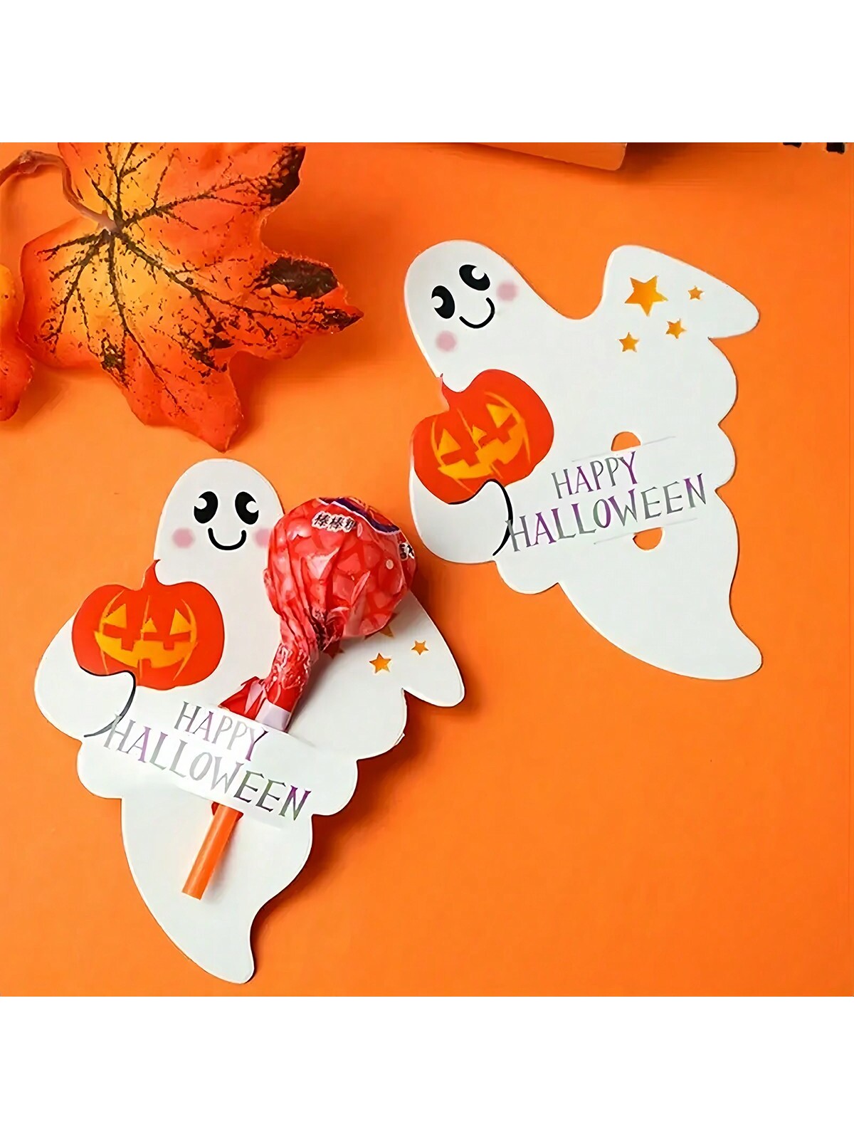 20pcs Halloween Ghost & Pumpkin Lollipop Decorative Cards, Party Supplies
