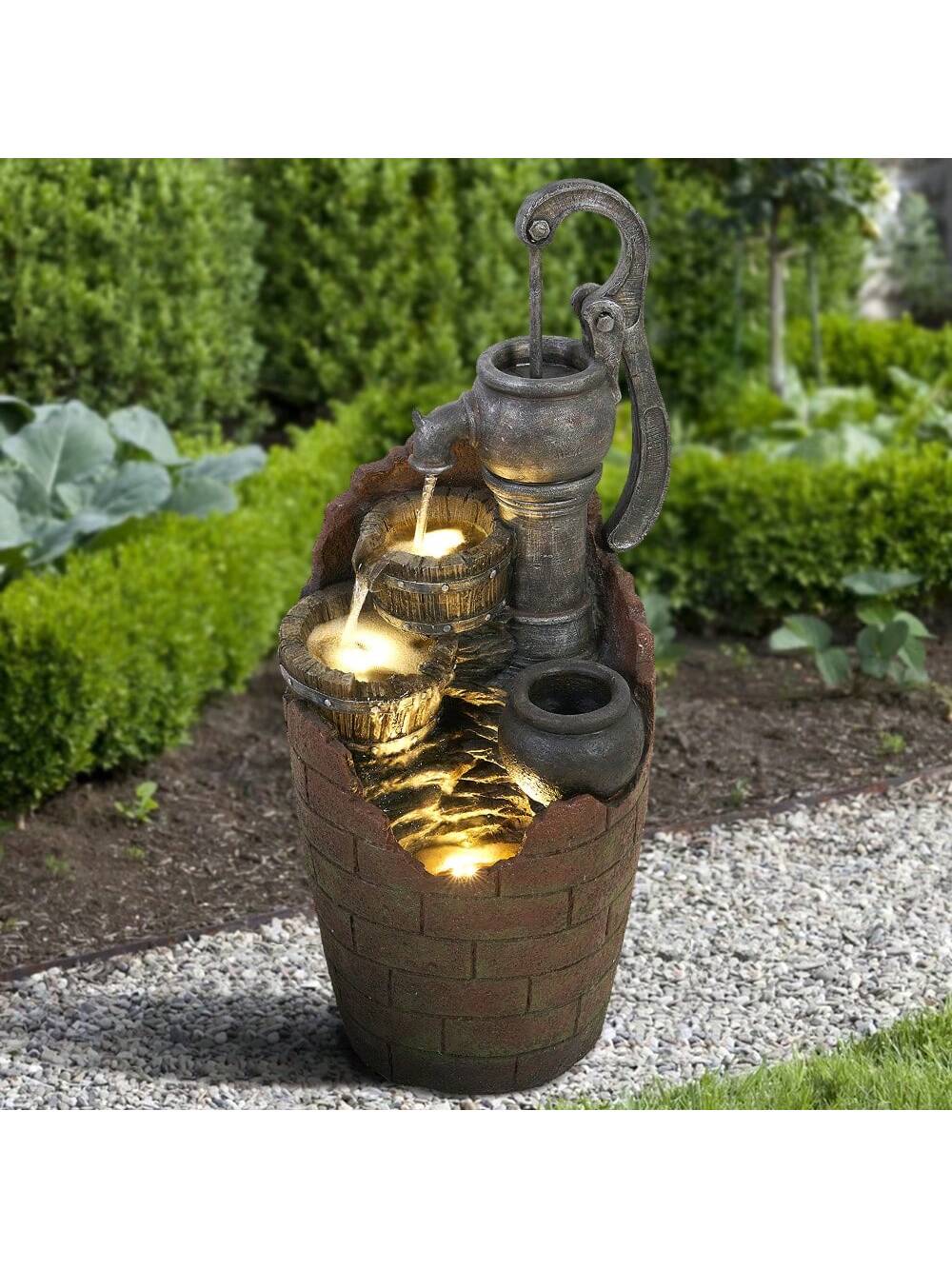 32.6" Tall Barrel Fountain With Adjustable Pump - 4-Tier Cascading Water Fountain Outdoor With LED Light&Charming Water Feature, Rustic Style Garden Waterfall Fountain For Indoor, Outdoor