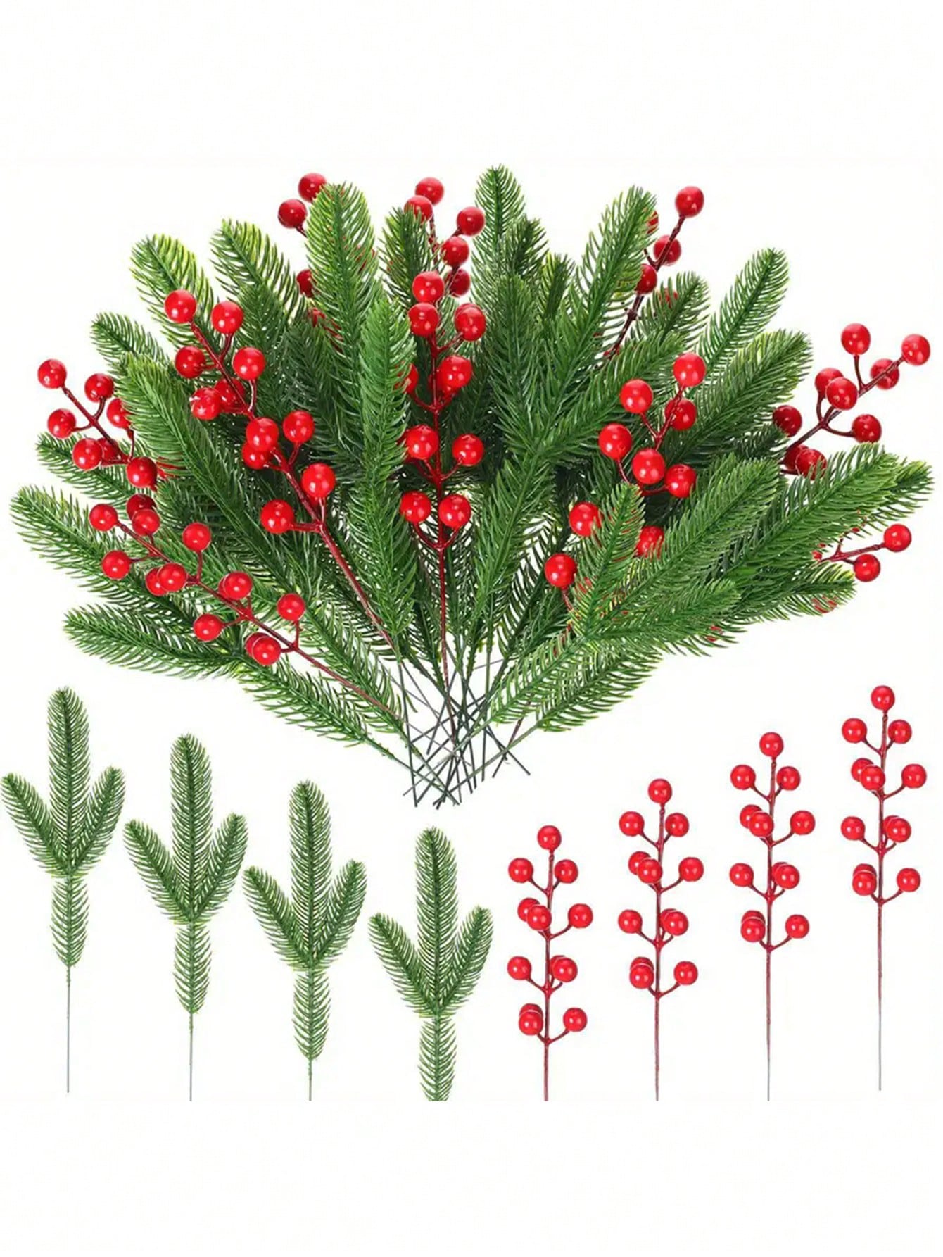 30pcs New Artificial Christmas Pine Tree Branches, Berries, Christmas Fake Tree Branches, Red Berry Stems, Pine Needle Tree Wreath Xmas Winter Wonderland Festival Party Home Decoration