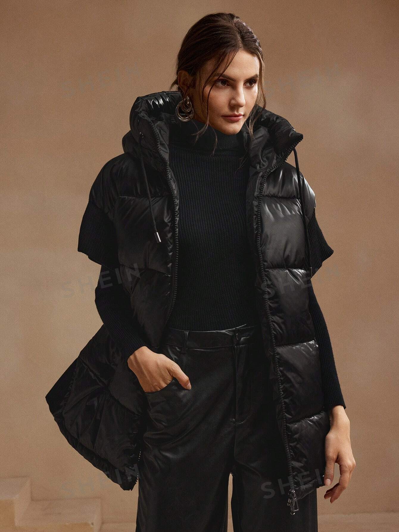 Anewsta Women's Casual Solid Color Hooded Short Sleeve Padded Coat For Winter