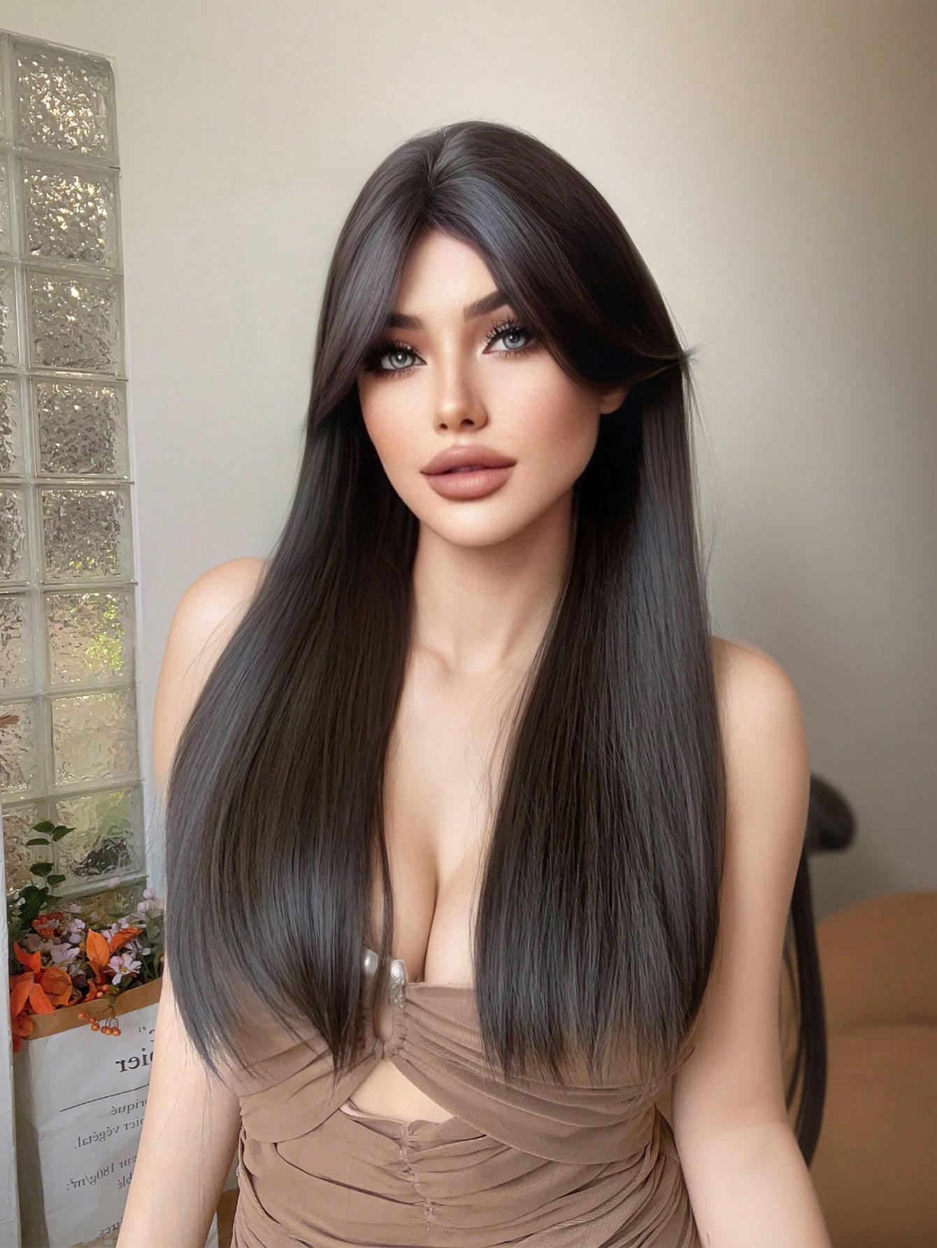 1-Piece Synthetic Heat Resistant Straight Hair Middle Part No Bangs Wig Black 26 Inch Fully Machine Woven Daily Natural Realistic Wig