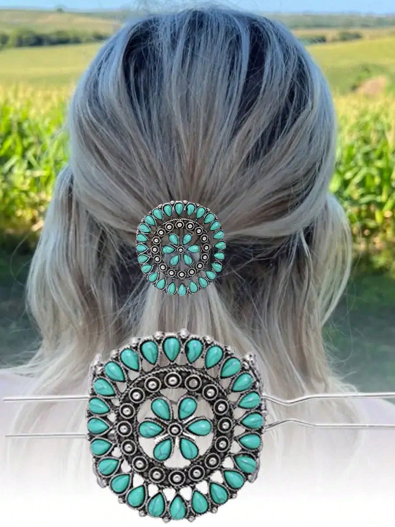 1pc Turquoise Silver-Tone Metal U-Shape Vintage Western Style Hair Clip For Women